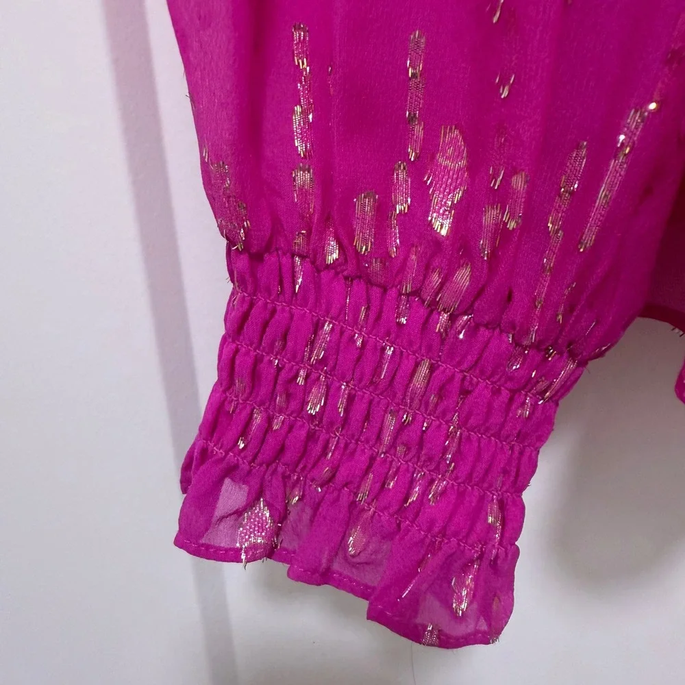 Lilly Pulitzer Pink Gold Metallic Silk Blend Smocked Puff Sleeve Blouse Medium